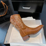 Women Mid Calf Boots Rose Embroidery Leather