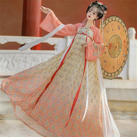 Woman in a Tang Suit Hanfu dress, featuring intricate patterns and an umbrella, perfect for Halloween cosplay.