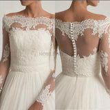 Lace off shoulder bridal jacket with long sleeves and intricate appliqued details, showcasing front and back design.