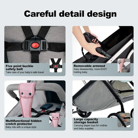 Detailed features of a lightweight baby stroller: safety buckle, removable armrest, crotch protector, and storage basket.