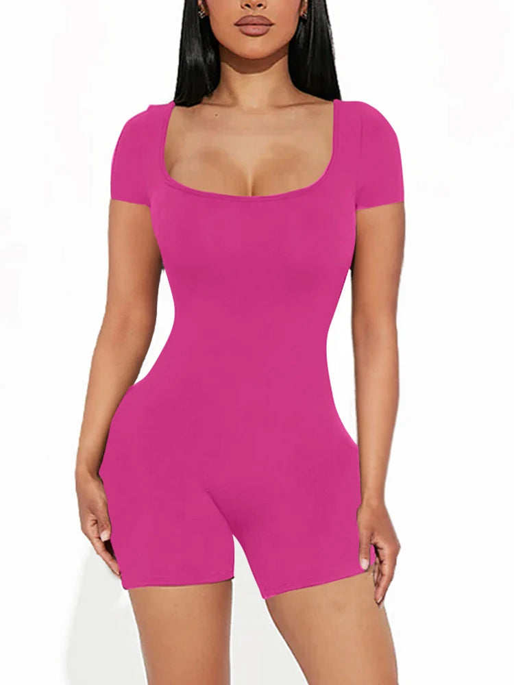Women Solid Short Sleeve U Neck Jumpsuit