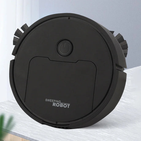 Smart 3-in-1 sweeping robot with suction and mop function, sleek black design, ideal for automated home cleaning.