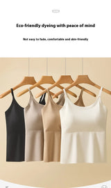 Eco-friendly ice silk camisoles in black, beige, and white, showcasing comfort and skin-friendly materials.