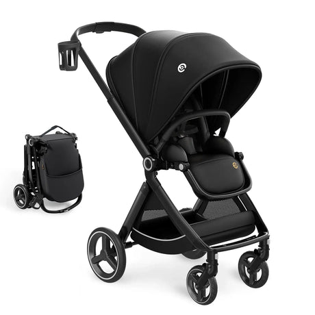 EMU reversible baby stroller in black, foldable design, suitable for ages 0-2 years, with ASTM certification.