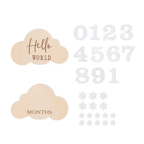 Wooden baby milestone set featuring cloud shapes, number cards 0-9, and flower accents for monthly photo tracking.