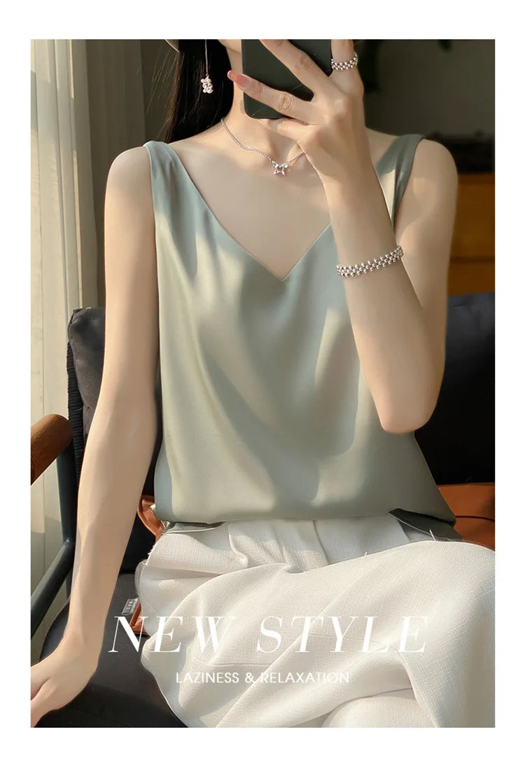 Ice Silk Satin V‑Neck Camisole Crop Top