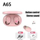 TWS A6S wireless Bluetooth headset in pink, featuring button control and stereo sound with USB charger and user manual included.
