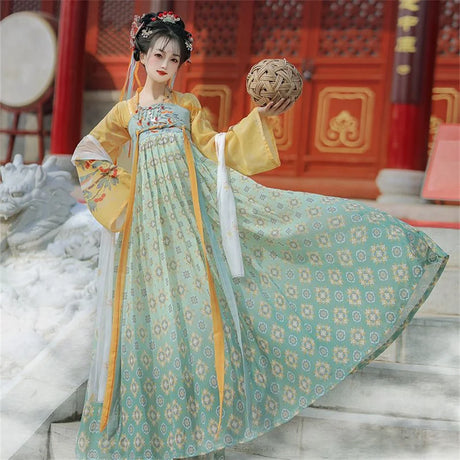 Tang Suits Hanfu dress for women, perfect for Halloween cosplay, featuring elegant floral designs and flowing fabric.
