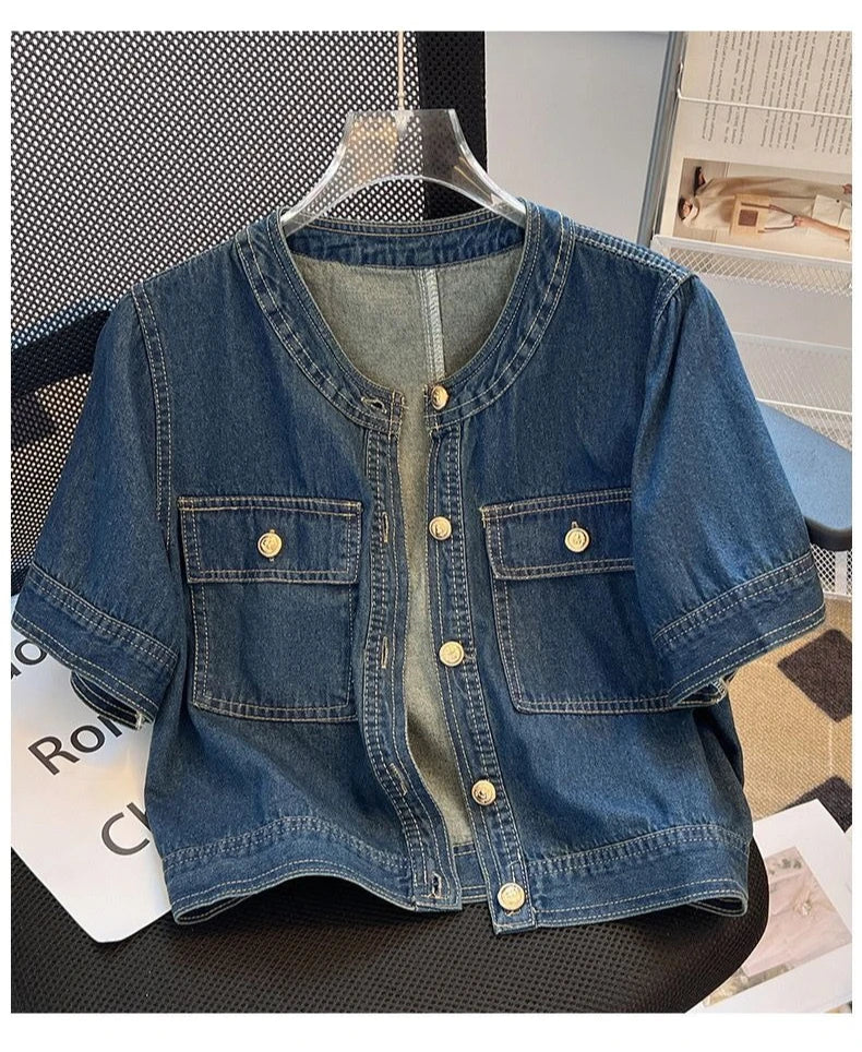 Women's Short Sleeve Denim Cropped Jacket