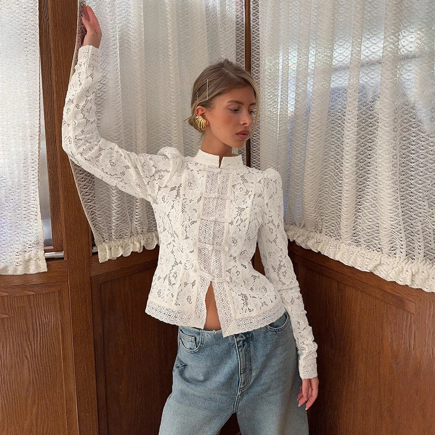 Lace Bloom Embroidered Puff Sleeve Blouse