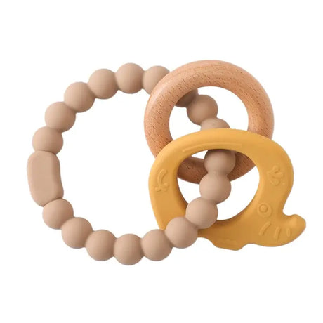 Soft silicone baby teether gloves with wood and yellow elephant design, safe for infants and toddlers.