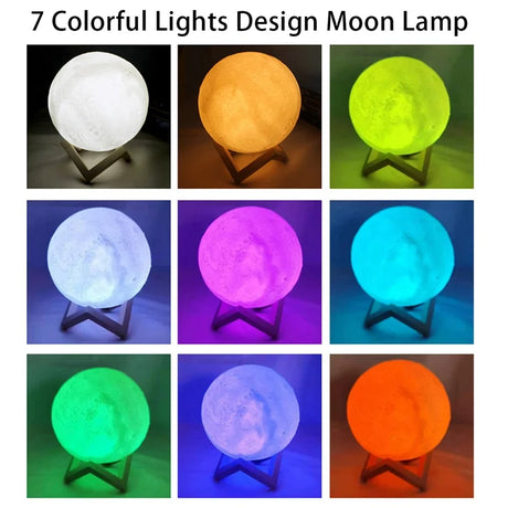 Colorful moon lamp featuring 7 light designs, perfect for decor and gifting, showcasing vibrant colors on a wooden stand.