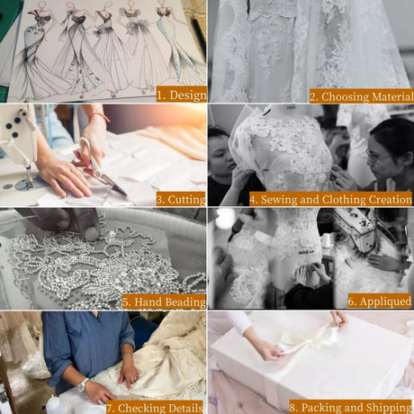 Collage of wedding dress design processes: sketching, material selection, cutting, sewing, hand beading, appliqué, quality checking, and packing.
