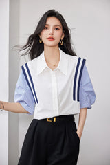 StripeMuse™ Colorblock Chiffon Shirt in white and blue, perfect for vintage summer office casual style.