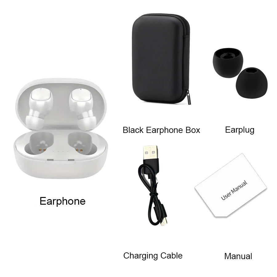 TWS A6S Wireless Bluetooth Headset components including earbuds, black case, earplugs, charging cable, and user manual.