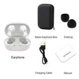 TWS A6S Wireless Bluetooth Headset components including earbuds, black case, earplugs, charging cable, and user manual.