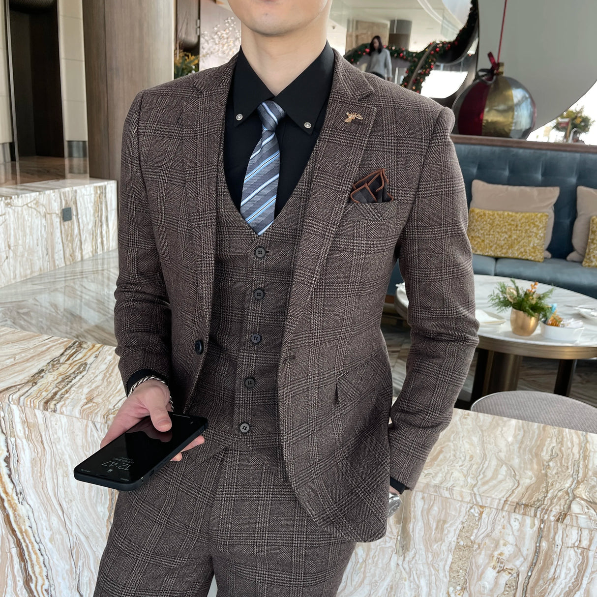 Men Plaid 3-Piece Business Suit