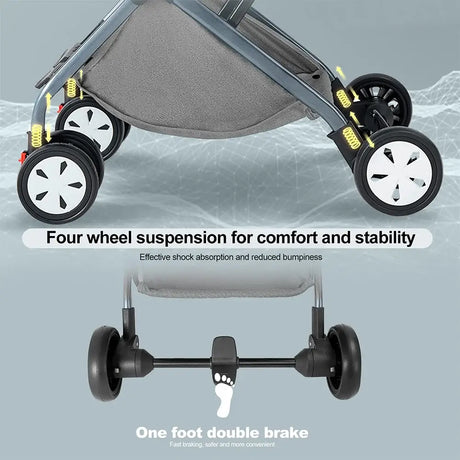Lightweight baby stroller showcasing four-wheel suspension for comfort and stability, featuring a one-foot double brake system.