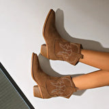 Women Western Cowboy Short Boots – Coarse Heel Embroidered Leather
