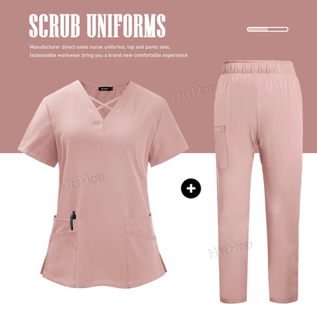 Nurse dental scrubs set in soft pink, featuring a top and pants with pockets, perfect for medical uniforms and workwear.