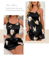 Women Black Floral Satin Nightdress Sleep Shirt