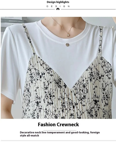 Fashion crewneck featuring decorative neck line, layered with a floral print dress, offering a stylish all-match look.