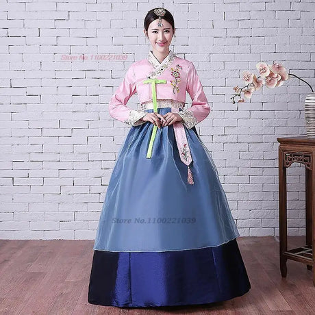 2025 Korean Hanbok Dress in pink and blue floral design, perfect for traditional occasions and cultural celebrations.