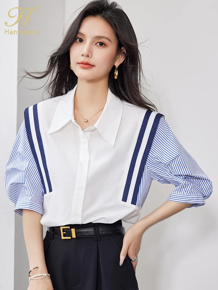 Woman modeling StripeMuse™ Colorblock Chiffon Shirt with turn-down collar and loose fit for casual office style.