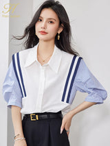 Woman modeling StripeMuse™ Colorblock Chiffon Shirt with turn-down collar and loose fit for casual office style.