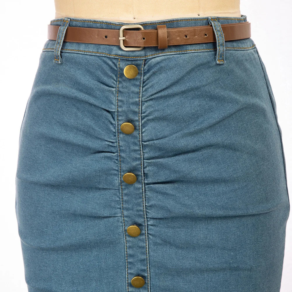BuckleCurve™ – Ruched Belt Bodycon Skirt (High Waist Retro Denim)