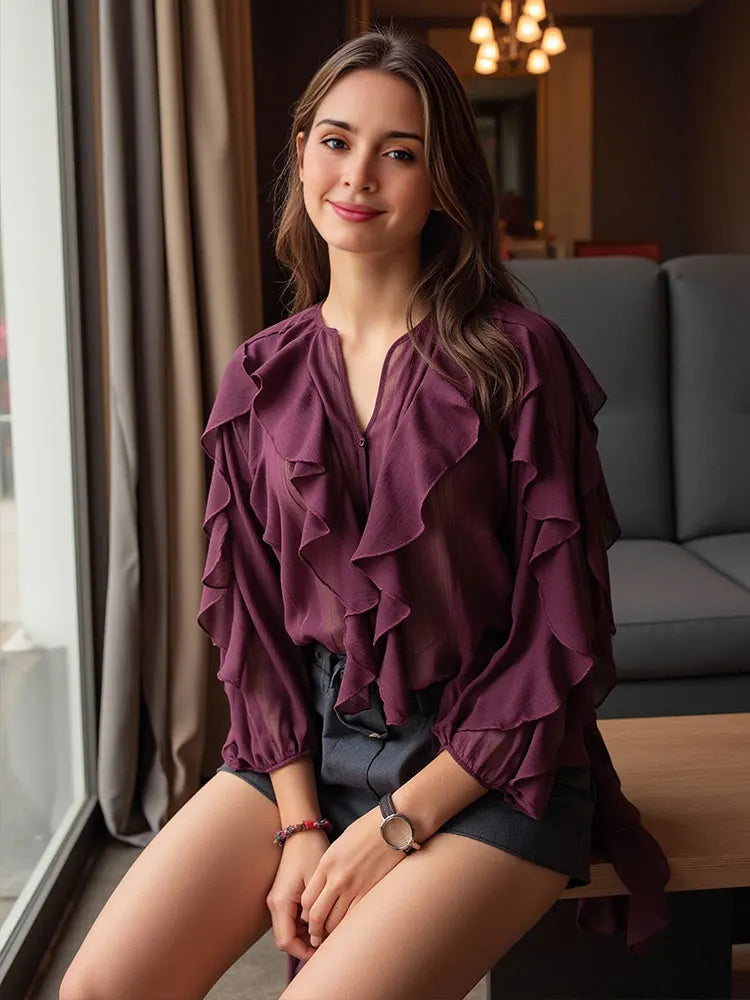 Rufflynn™ – Translucent Ruffle Blouse (V-Neck, Hollow-Out Chic for Spring/Summer)