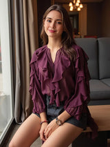 Rufflynn™ – Translucent Ruffle Blouse (V-Neck, Hollow-Out Chic for Spring/Summer)