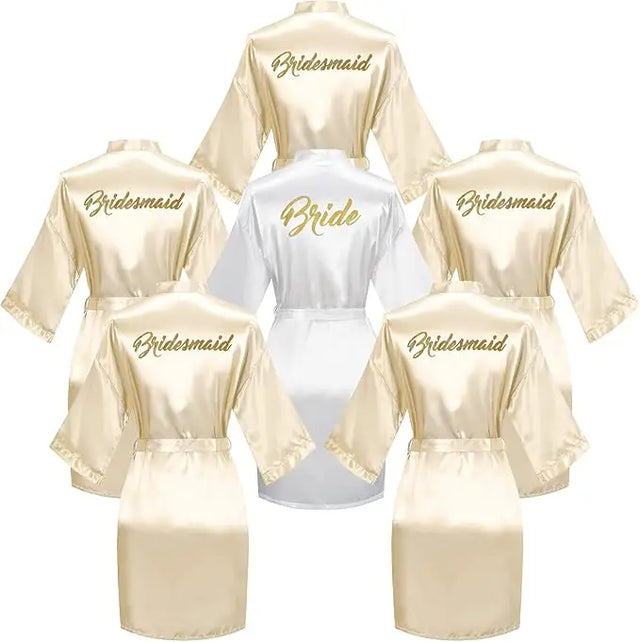 6-piece satin bridal shower robe set featuring 'Bride' and 'Bridesmaid' designs in elegant gold lettering.