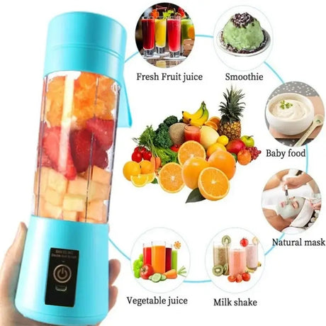 380ml mini electric juicer showcasing fresh fruit juice, smoothie, baby food, vegetable juice, and milkshake options.