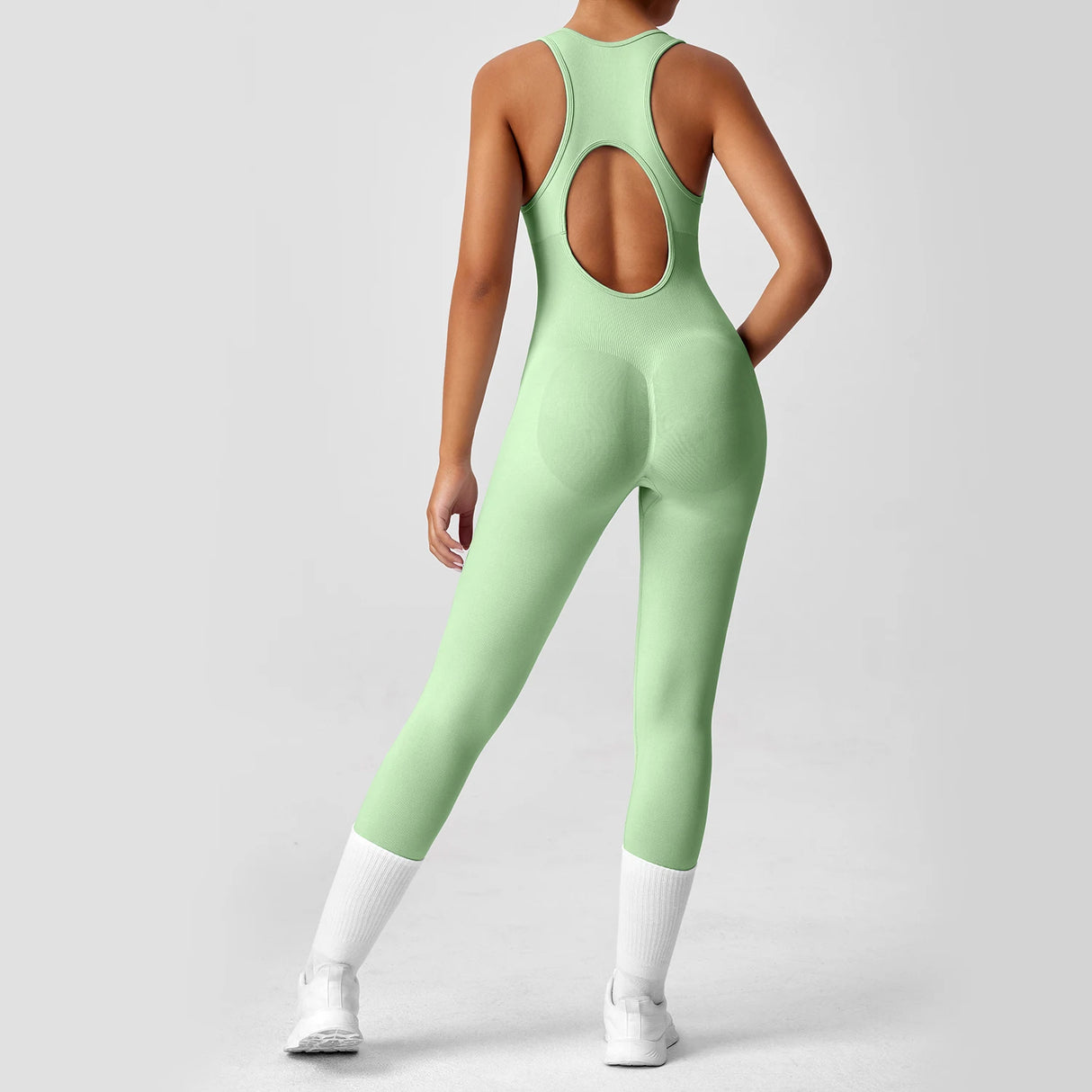 Seamless Peach Booty One-Piece Yoga Bodysuit – V-Back Tummy Control