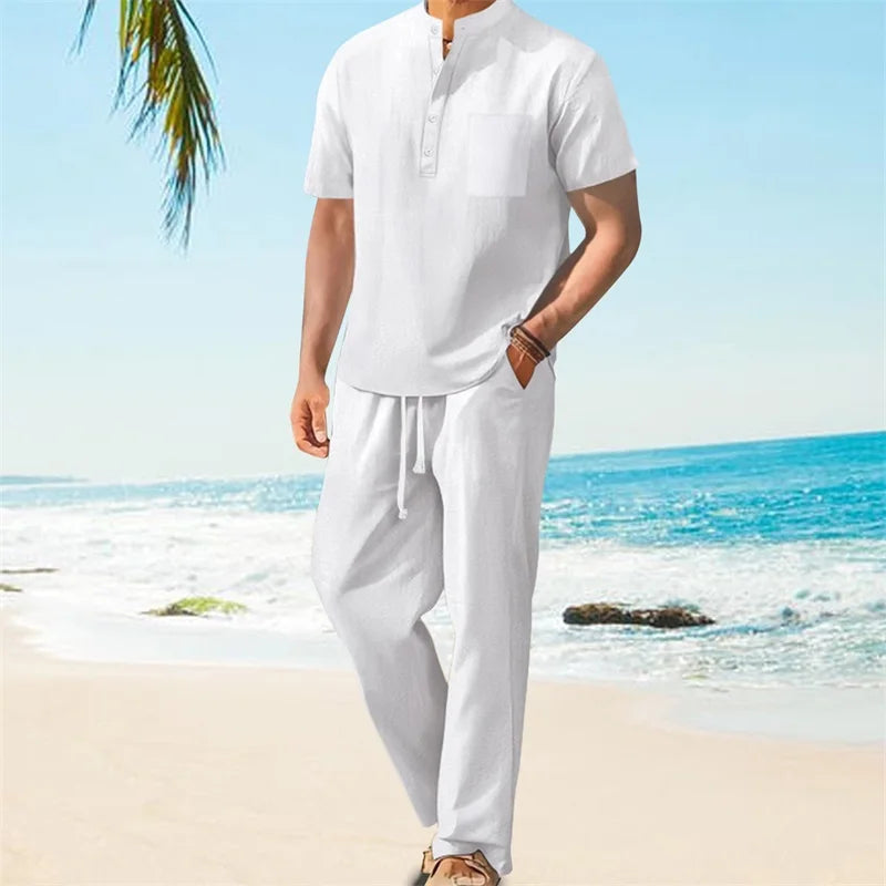 Men Henley Shirt Pants Set