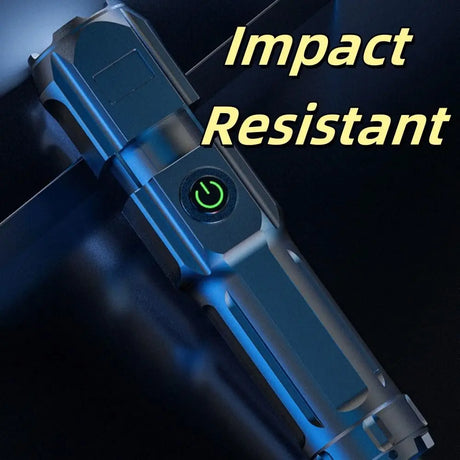 Rechargeable LED tactical flashlight with impact-resistant design and power button.