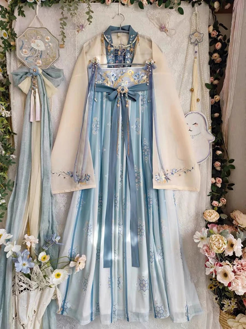Elegant Women's Fairy Hanfu summer costume in blue with floral details, perfect for parties and cosplay.