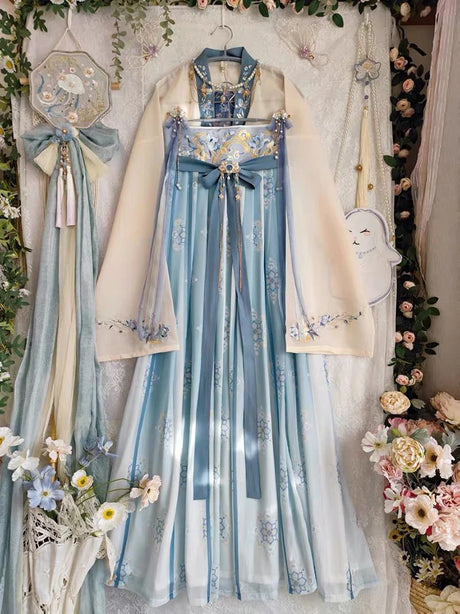 Elegant Women's Fairy Hanfu summer costume in blue with floral details, perfect for parties and cosplay.