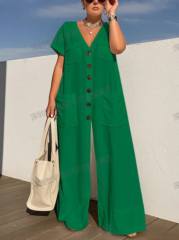 ModiWork™ – V-Neck Button Casual Office Jumpsuit (Smart, Relaxed & Stylish)