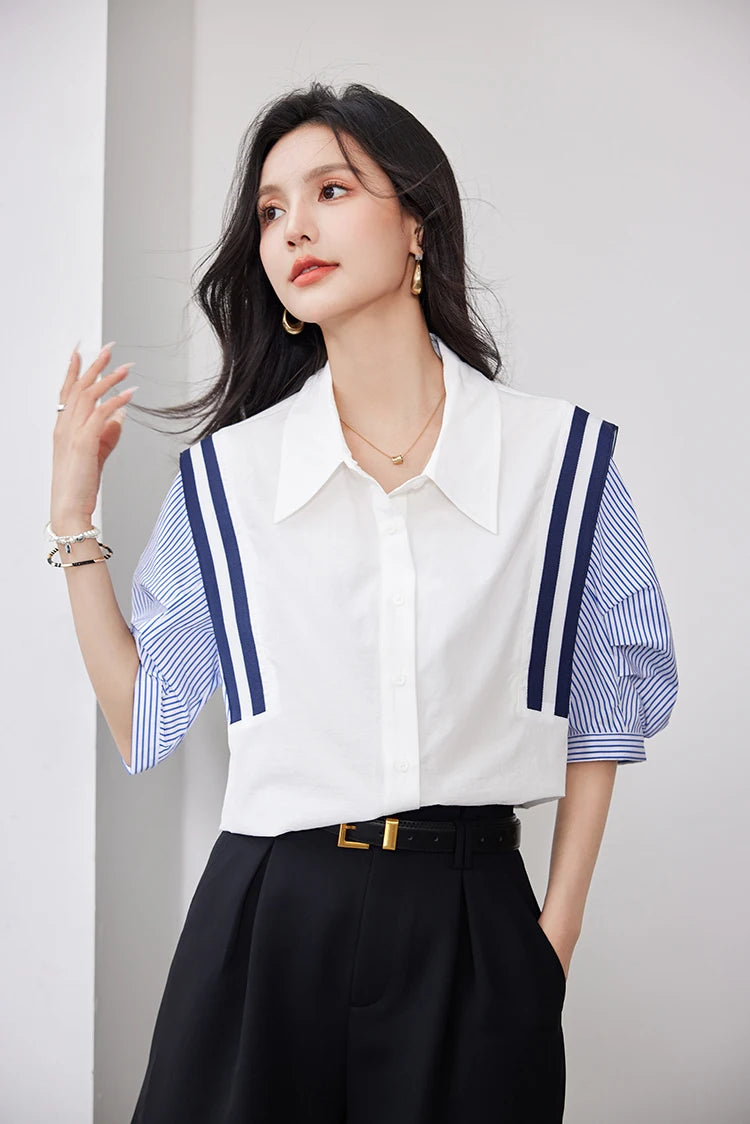 StripeMuse Colorblock Chiffon Shirt showcasing a stylish design with turn-down collar and loose fit for women.