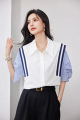 StripeMuse Colorblock Chiffon Shirt showcasing a stylish design with turn-down collar and loose fit for women.