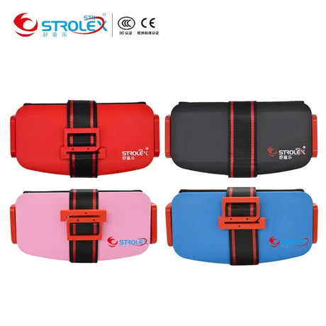Four colorful portable baby car seats in red, black, pink, and blue, showcasing adjustable straps and buckles.
