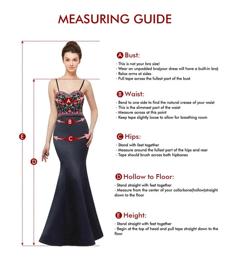 Illustration of measuring guide for dress fitting, detailing bust, waist, hips, hollow to floor, and height measurements.