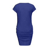 Back view of a loose casual maternity dress in blue, featuring a boat neck and above-knee length, designed for plus-size women.