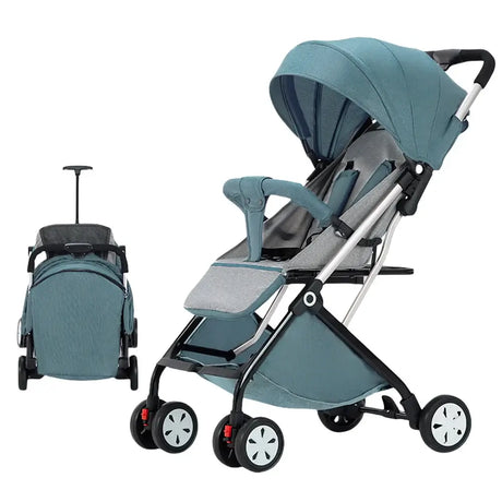Lightweight baby stroller in teal, foldable design, suitable for ages 1-2, safe for kids up to 5kg, made in China.