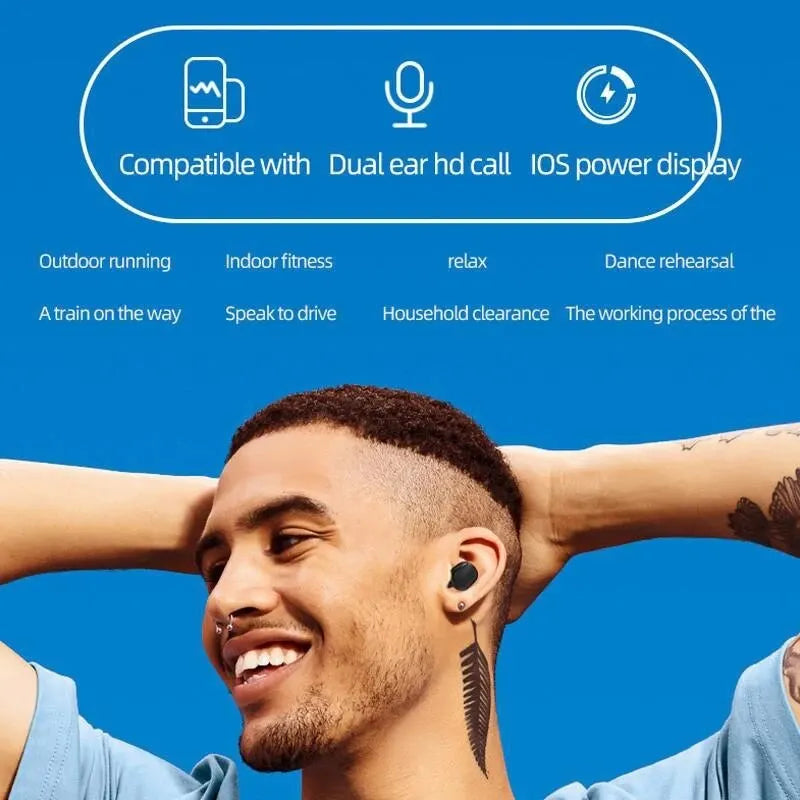 Young man wearing TWS A6S wireless Bluetooth headset, showcasing compatibility and uses like outdoor running and fitness.
