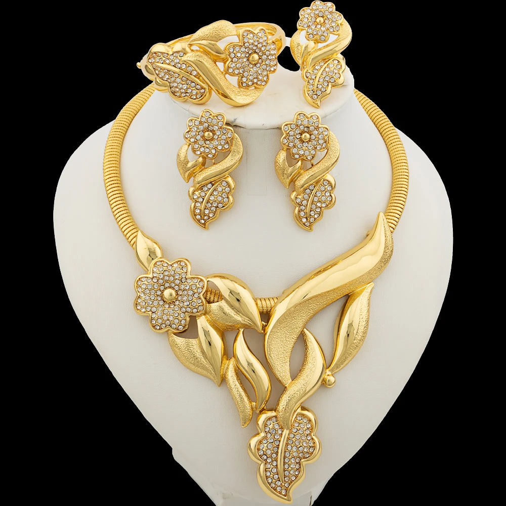 18K Gold Color Flower Bridal Jewelry Set