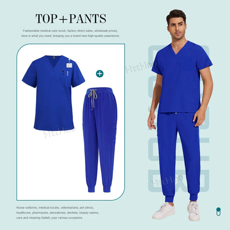Unisex blue nurse surgical scrub suit jogger set featuring breathable fabric, pocket, suitable for medical professionals.