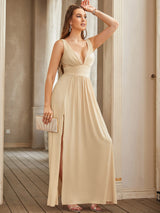 V-neck bridesmaid evening dress in beige, featuring a split gown design and floor-length satin fabric.